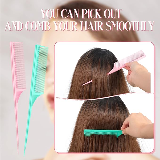 2 Pack Rat Tail Combs for Women Fine Tooth Comb Parting Tip Carbon Fiber Root Teasing Anti Static Heat Resistant Adding Volume Evening Hair Styling (Pink, Green)