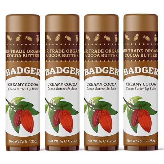 Badger Cocoa Butter Lip Balm, Creamy Cocoa, Certified Organic Lip Balm, Fair Trade, Lip Butter, Lip Balm Cocoa Butter, Care Lip Balm, 0.25 oz (4 Pack)