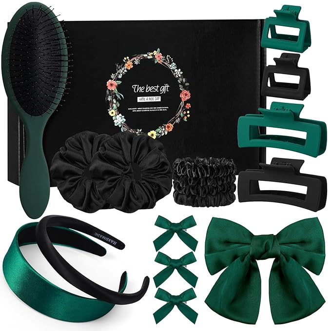 Hair Accessories Kit for Women, 27 PCS Set Included Hair Scrunchies, Claw Clips, Bow Clips, Hair Brush and Headband Hair Gift for Women (Dark Green)