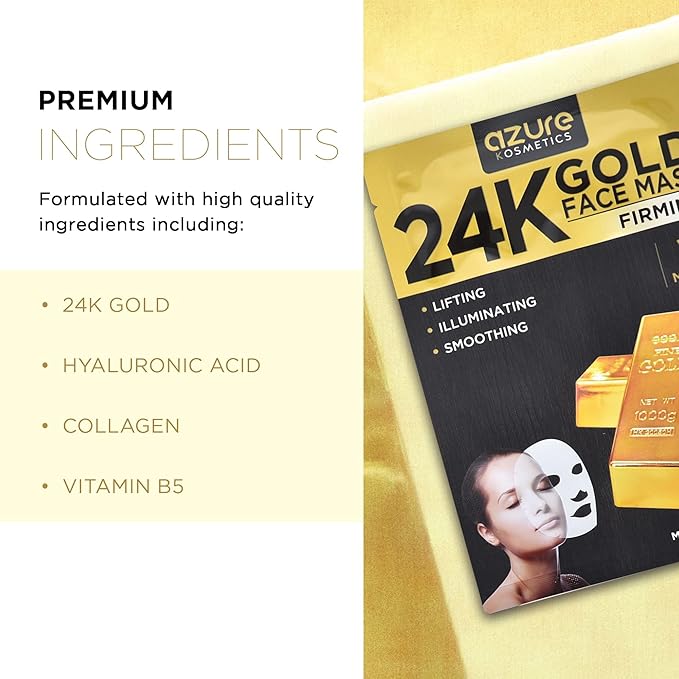 AZURE 24K Gold Face Mask- Anti Aging, Hydrating, Toning Facial Mask - Helps Reduce Wrinkles & Fine Lines with Hyaluronic Acid & Collagen - Skin Care Made in Korea - Pack of 10