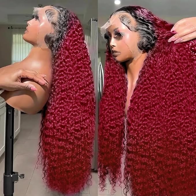 AMIRTY 250 Density Drawstring Wig Human Hair Burgundy Deep Wave Lace Front Wigs Human Hair Pre Plucked Wigs 13x6 1B/99J Water Wave Human Hair for Women 13x6 HD Burgundy Deep Human Hair Wig 24Inch