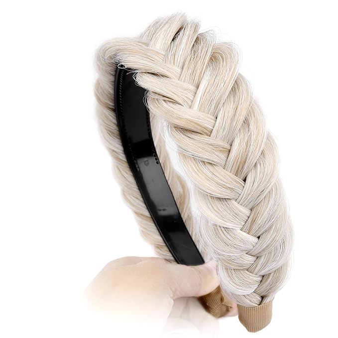 DIGUAN Wide Messy Braided Headband With Teeth Synthetic Hair Plaited Headband High Elasticity Braids Chunky Fishtail Braided Hair Band Hairpiece for Girls Women Beauty Accessory (White Blonde)