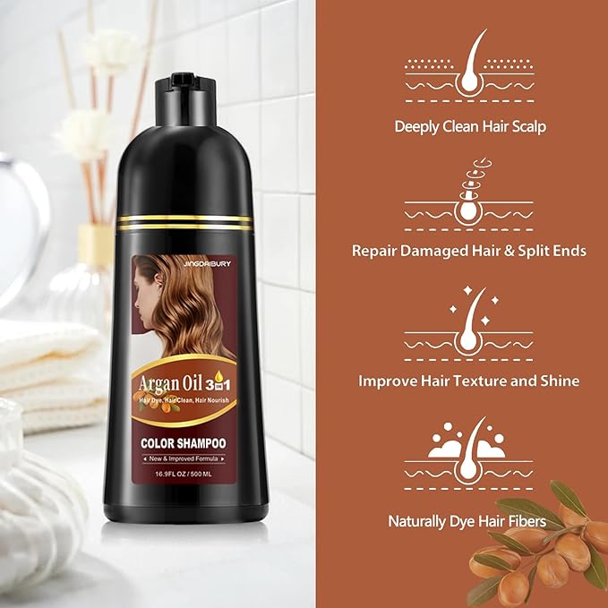 Chestnut Brown Hair Dye Shampoo with Argan Oil for Men & Women, 3 in 1 Semi-Permanent Formula, 16.9 Fl oz - Easy to Use, Covers Gray Hair