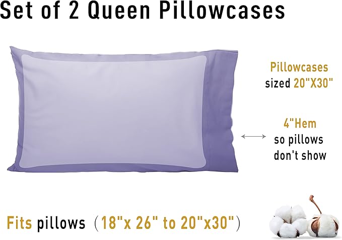 Sunflower Queen Pillowcases Set of 2, 100% Cotton Queen Pillow Cases 2, 20×30 inches Lavender, Soft and Breathable