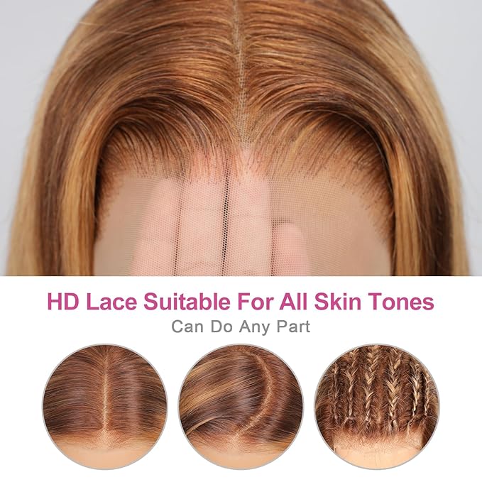 210% Density 13x6 Highlight Ombre Full Lace Frontal Wigs Human Hair 12A Body Wave Brazilian Human Hair Pre Plucked 4/27 Honey Blonde HD Glueless Transparent Lace with Baby Hair 22 Inch
