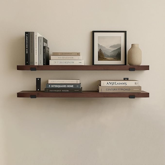 CONSDAN Floating Shelves for Wall Mounted Book Shelf Hanging Shelves Floating Bookshelf for Bedroom, Bathroom, Living Room, Kitchen USA Grown Solid Hardwood, Dark Maple 24x7.5x1.5 in (Set of 2)