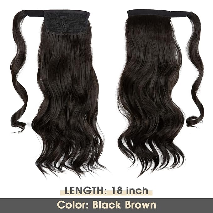 CJL HAIR 18" Long Ponytail Hair Extension Wrap Around Pony Tail Clip in Curly Wavy Synthetic Fake Hairpiece for Women Black Brown