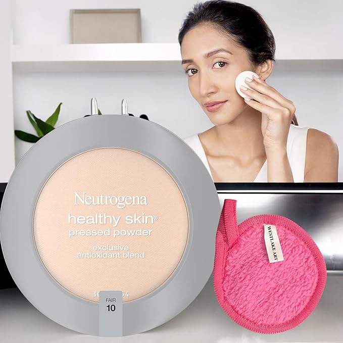 Healthy Skin Pressed Powder Compact | Bundled with Westlake Art Makeup Cleansing Cloth - Fair Shade, Antioxidant & Pro Vitamin B5, Flawless & Natural Finish, Non-Comedogenic [Pack of 2]