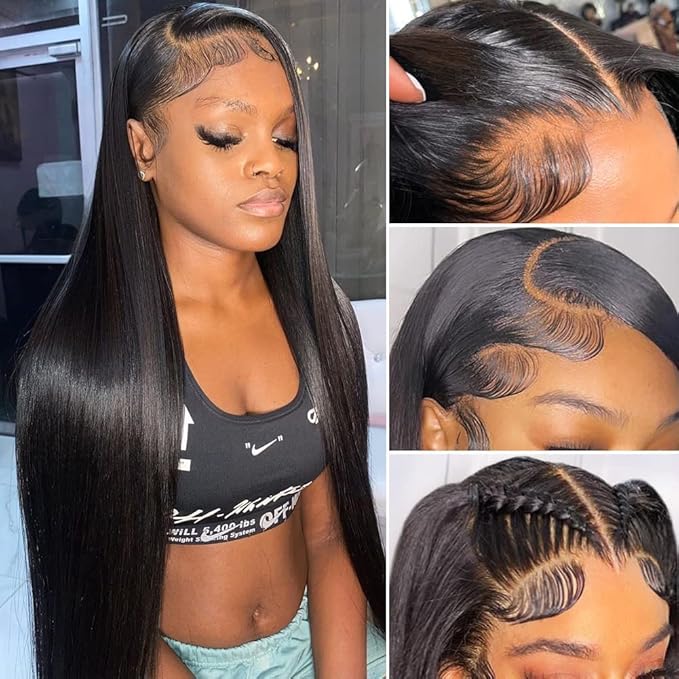 Iris Queen 12A Straight HD Transparent Lace Front Wigs Human Hair Pre Plucked 180 Density Virgin Human Hair 13x4 Full Lace Frontal Wigs for Black Women Natural Black(24 inch)