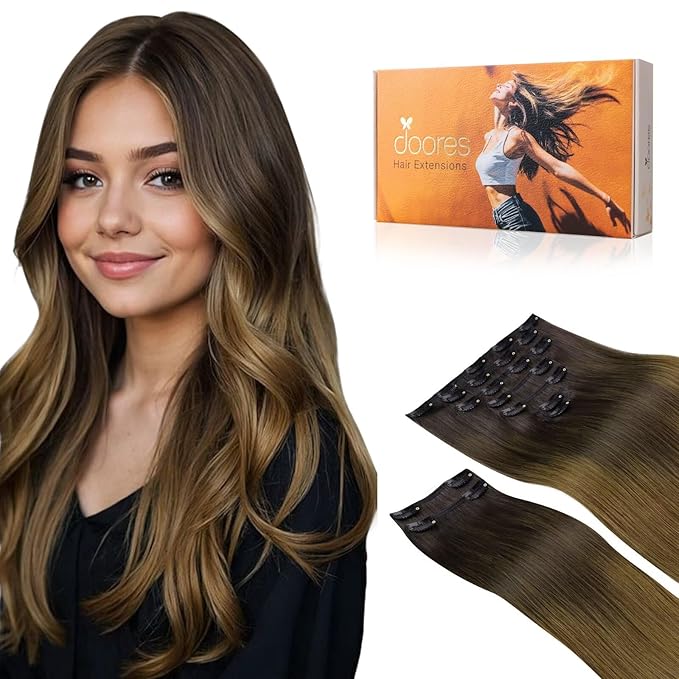 DOORES Real Human Hair Extensions - Chocolate Dip Color Melt, 18 Inch, 150g, 9pcs Clip in Remy Hair, Thick Natural Look