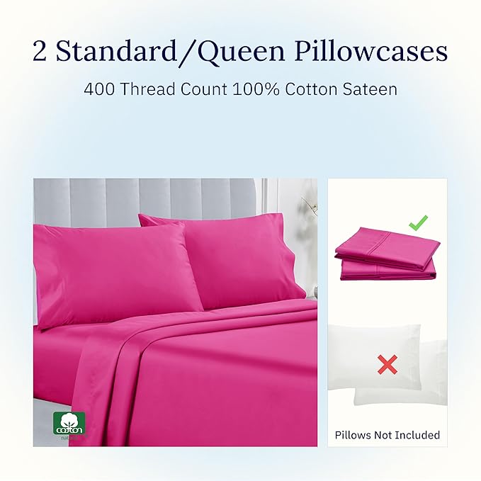 California Design Den Standard/Queen Size Pillow Cases Set of 2-400 Thread Count Sateen, Natural 100% Cotton Pillow Cases Standard Size, Soft, Roomy and Breathable - Hot Pink