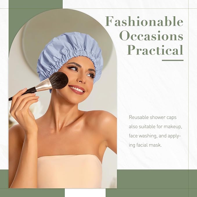 Reusable Shower Cap for Women, Large Waterproof Shower Essentials Bonnet Washable Elastic Band Bath Hair Wrap Hat for Long Hair, Braids(Gray)