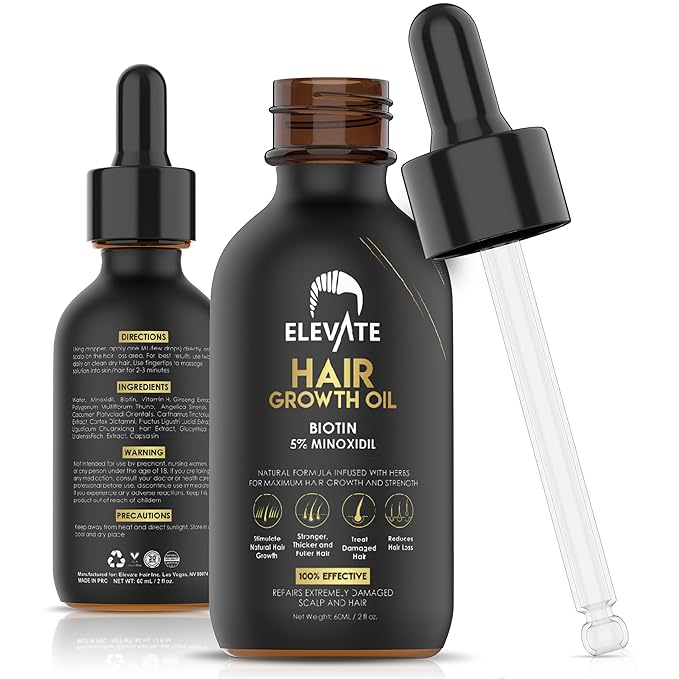Elevate Hair Regrowth Treatment 5% Minoxidil Solution – Biotin Serum Hair Growth Oil for Men & Women - Thicker Fuller Stronger Hair - Stops Hair Loss & Thinning - Natural Hair Thickening Treatment 2oz