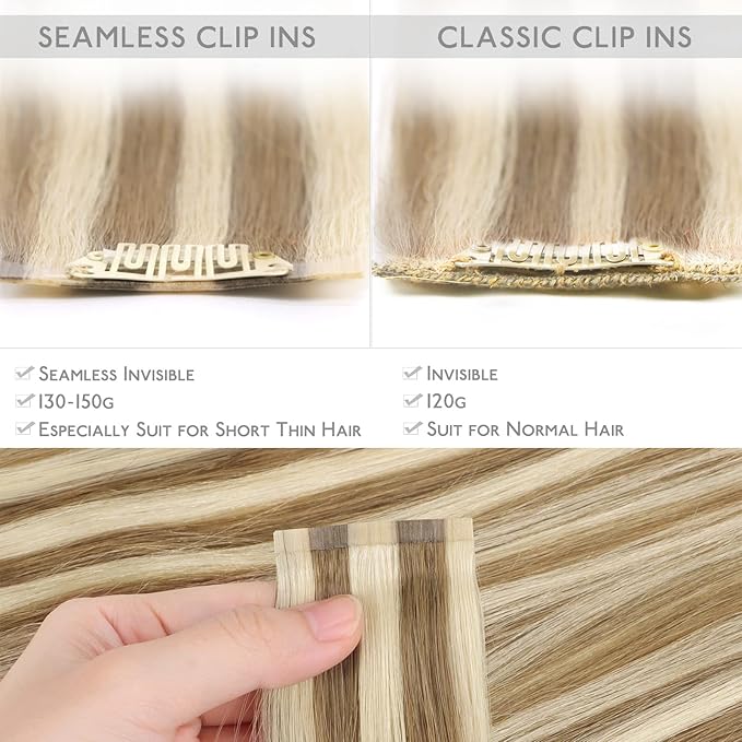 WENNALIFE Seamless Clip In Hair Extensions Human Hair, 12 Inch 80g 7pcs Ash Brown with Platinum Blonde Highlights Real Hair Extensions Clip in Human Hair Invisible PU Weft Natural Remy Hair