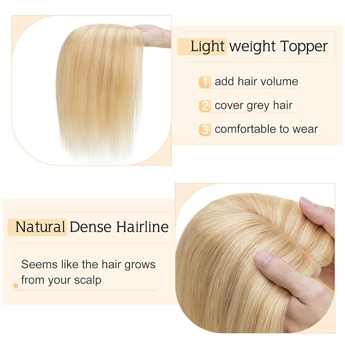 SEGO Human Hair Toppers for Women With Thinning Hair, 7 * 13CM Silk Base 100% Real Human Hair Clip in Top Wiglet Hairpieces /12 Inch No Bangs Ash Blonde&Bleach Blonde