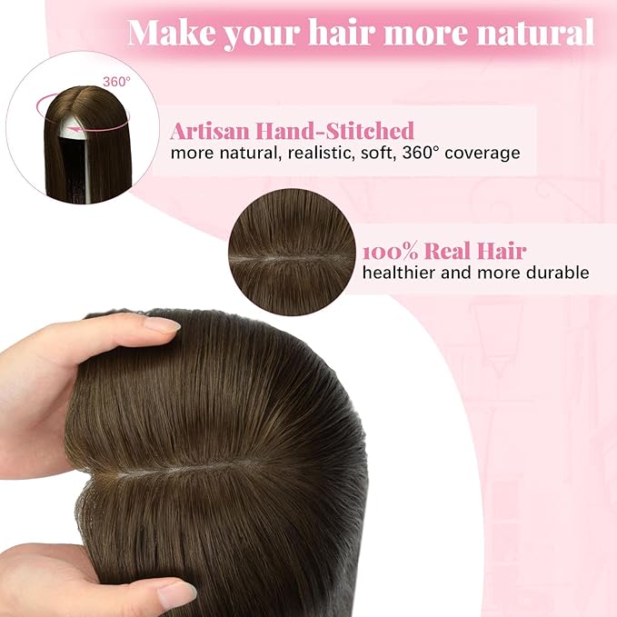 Toppers for Women Real Human Hair 16inch 75g Toppers for Women with Thinning Hair Chocolate Brown 6x7inch Large Base Add Volume (#4Toppers-16inch)