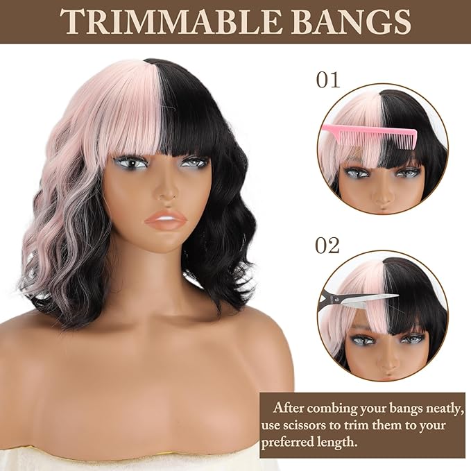 MISSQUEEN Short Black and Light Pink Wavy Wig with Bangs for Women Heat Resistant Synthetic Hair Two Color Cosplay Party Costume Wig Halloween Wig