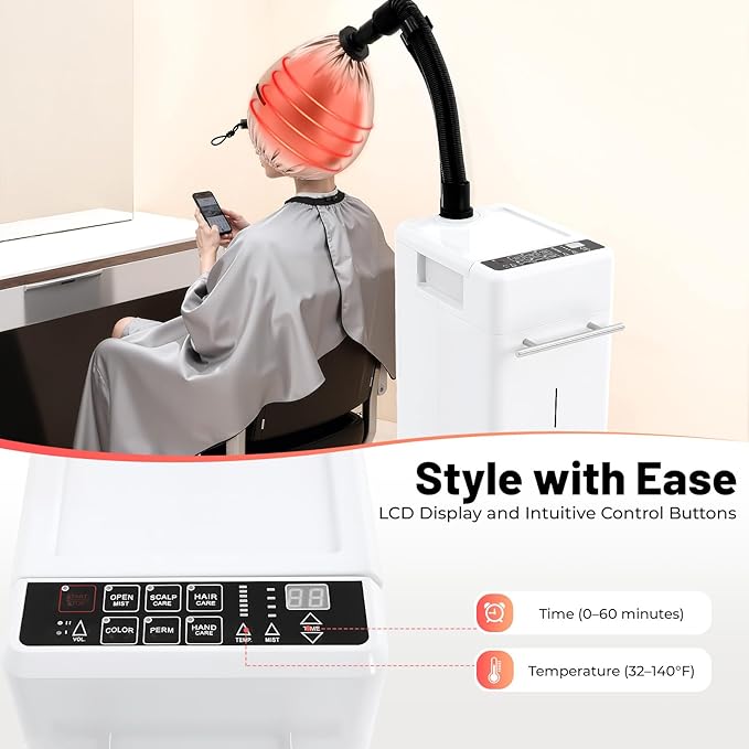 Nano Ionic Hair Steamer Machine - 500W Professional Hair Steamer with 6 Modes for Deep Conditioning, Scalp Care, Perm & Color Treatment - Adjustable Temp & Timer for Salon & Home Use