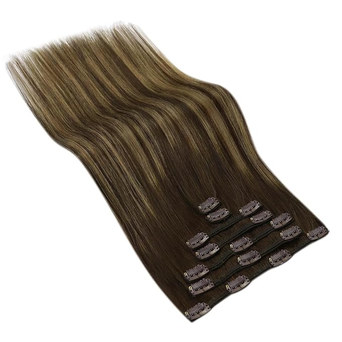 Ve Sunny Balayage Clip in Hair Extensions Human Hair Clip in Extensions Ombre Dark Brown Roots with Caramel Blonde Balayage Clip in Hair Extensions Real Human Hair 18inch 120g 7pcs