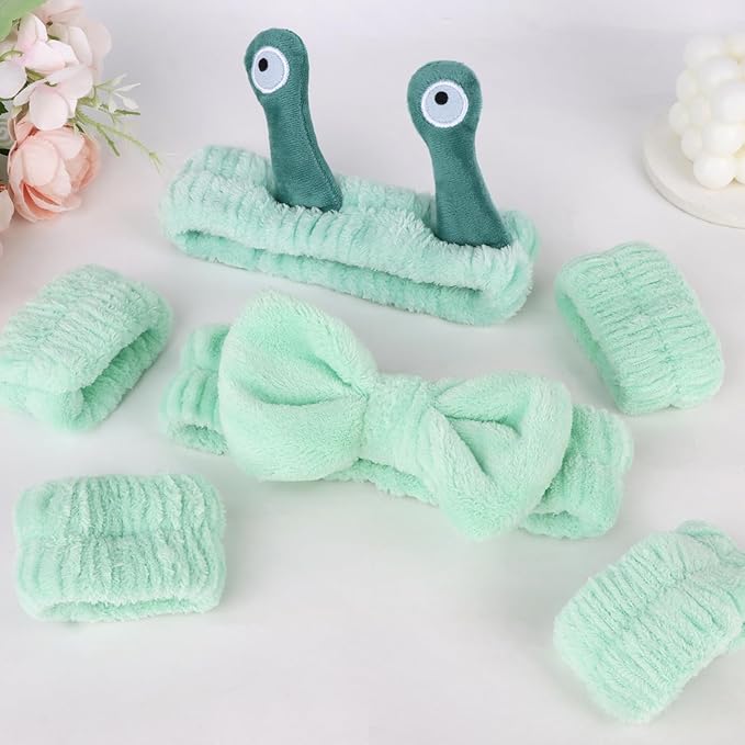 Skincare Headband Bow Snail Spa headband and Wristband Set, 6 Pack Cute Makeup Headbands for Washing Face, Fun Gifts for Women and Girls