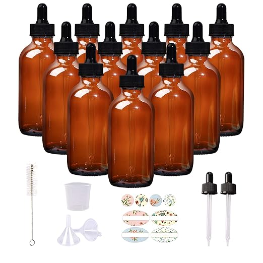12 Pack 4oz Amber Glass Bottles with Glass Eye Droppers for Essential Oils, Perfumes & Lab Chemicals (1 Brush, 2 Funnels, 2 Extra Droppers, 24 Pieces Labels & 30ml Measuring Cup Included)