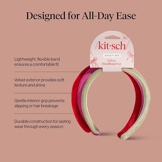 Kitsch Velvet Headbands for Women & Girls - No-Slip, Comfortable, Lightweight & Gentle on Hair – Ideal Hair Accessories for Holiday Outfits, Everyday Looks & Holiday Gift - Pink, Red & Green, 3pcs