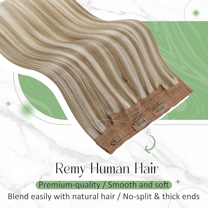 RUNATURE Wire Hair Extensions Human Hair, Invisible Hair Extensions with Transparent Wire, 20 Inch 100g Thick Human Hair Clip in One Piece Extensions, Easy to Apply, Well Blended, #8P24