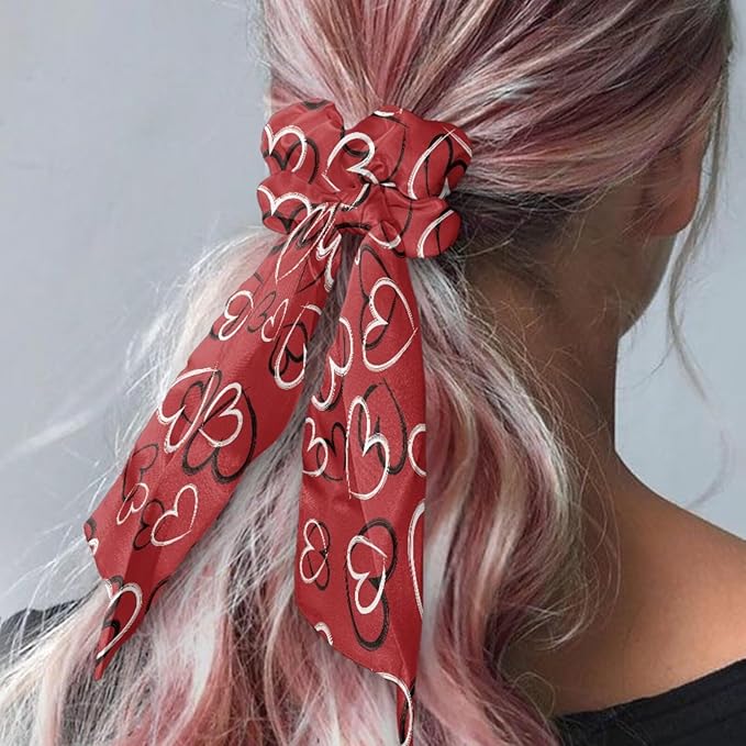2 Piece Butterfly Love Heart Print Hair Scarf Scrunchies for Women Valentine's Day Hair Ties No Damage Ribbon Scrunchies Knotted Bow for Yoga