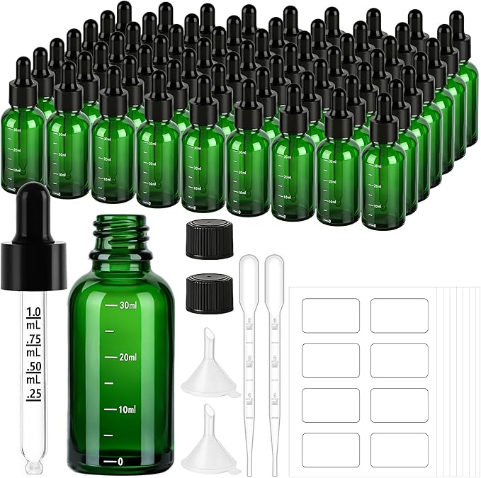 63 Pcs 1oz Green Glass Dropper Bottles with Measurement, 30ml Leakproof Tincture Bottles with Funnels, Eye Droppers, Extra Caps & Labels, Refillable Empty Bottles for Tinctures, Essential Oils