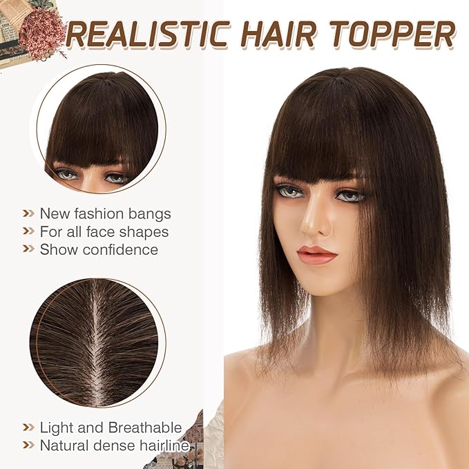 Rich Choices Real Human Hair Toppers for Women With Bang 100% Remy Human Hair Topper for Thinning Hair Clip in Silk Base Hair Topper 12 Inch #2 Dark Brown