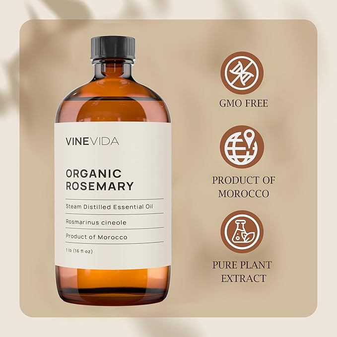 VINEVIDA Rosemary Essential Oil - 16 oz, Organic, Undiluted - DIY Candle Scents & Soap Making