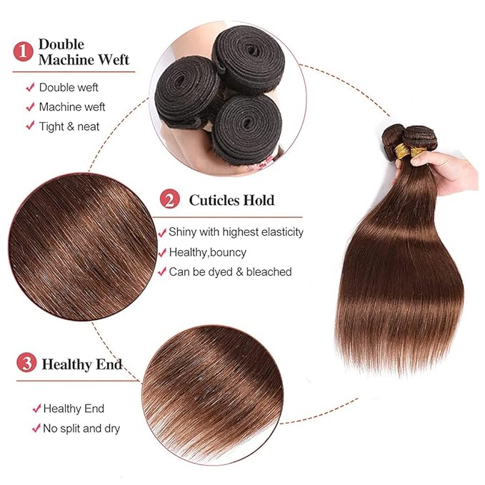Color 4 Straight Bundles Human Hair Chocolate Brown Bundle Niegmeag Brazilian Virgin Remy Hair 3 Bundles 12 14 16 Inch Double Weft Brown Straight Bundle Hair Weave 150g