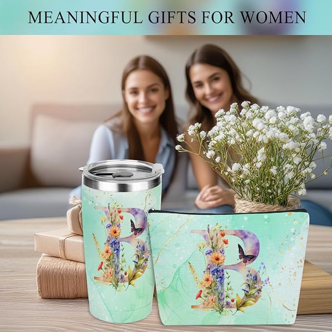 Personalized Gifts Monogrammed Birthday Gifts for Women, Cowerker Mom Mothers Day Christmas Initial 20 oz Tumbler, Makeup Bag Cup Ballpoint Pens Journal Notebook 6 Set, (Aesthetic Green Flower B)