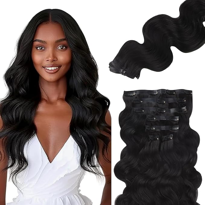 Lashey Seamless Clip in Hair Extensions Human Hair #1 Jet Black Body Wave 7pcs 110g 24 Inch Invisible PU Weft Clip in Hair Extensions Real Human Hair for Women