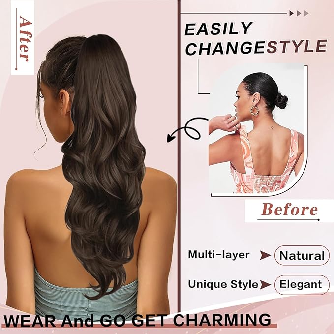 Ponytail Extension, Drawstring Ponytail Extension for Women 23 Inch Long Brown Wavy Pony Tails Hair Extensions Synthetic Clip in Ponytail Hairpiece for Women (Medium Brown)
