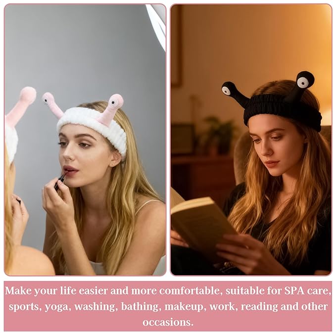 Snail Face Wash Headband Skincare & Wrist Bands for Washing Face Set Cute Spa Headband for Women and Wrist Faces Wash Bands for Shower, Facial Cleaning, Soft Coral Fleece Makeup Headbands,Black&White