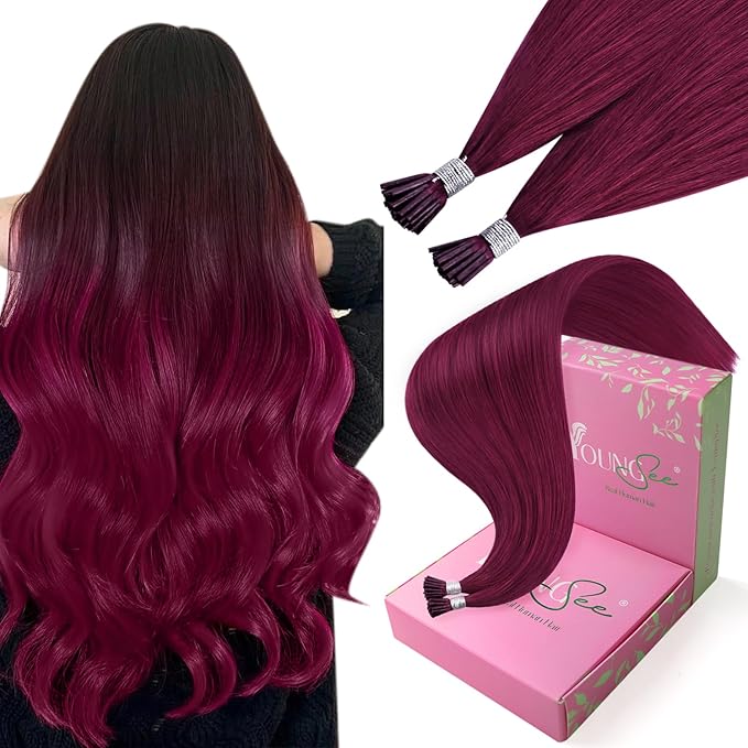 YoungSee I Tip Hair Extensions Human Hair Magenta 16Inch Itip Hair Extensions Real Human Hair Red I Tips Extension Colored Itip Human-Hair Extension Straight 25g 40s for Cosplay