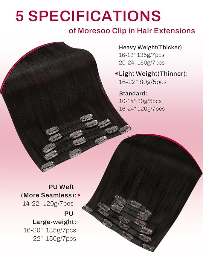 Moresoo Brown Clip in Hair Extensions Real Human Hair Double Weft Human Hair Clip in Extensions Straight Dark Brown #2 5pcs 80g 16inch