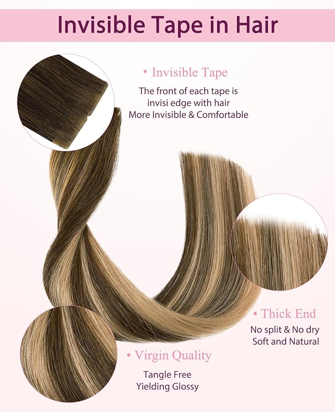 Pinkpearl Invisible Tape in Hair Extensions Human Hair, 20pcs 16inch 45g #4/27/4 Balayage Chocolate Brown to Caramel Blonde Injection Tape in Extensions Real Remy Seamless Human Hair Injected