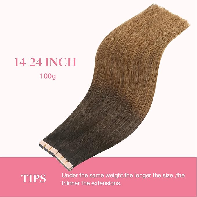 GOO GOO Tape in Hair Extensions Human Hair, 1D/2C/4E Chocolate Dip Color Melt, 26inch 120g 40pcs, Skin Weft Seamless Invisible, Silky Straight with Thick Ends, Remy Human Hair