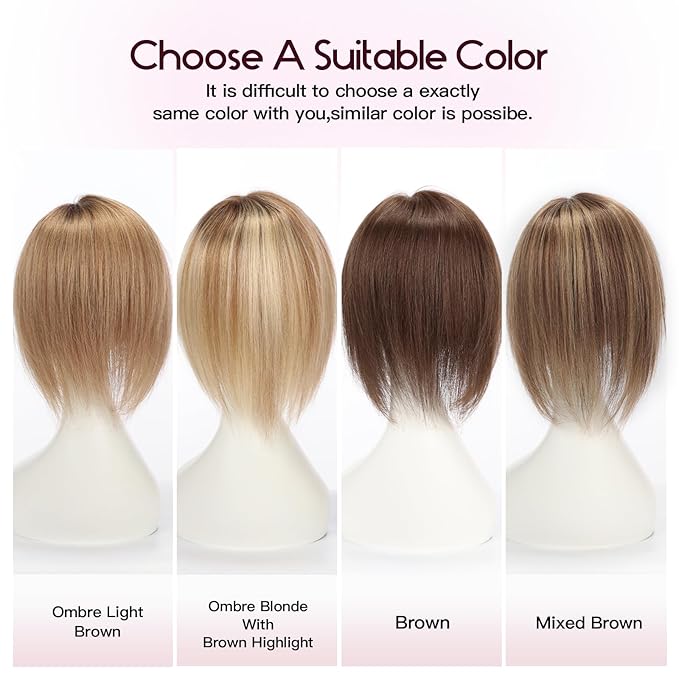 EMMOR 12 Inch Human Hair Topper for Women - Real Hair Topper with Bangs & 6.5" × 6.5" Larger Base, Natural Thin Hair Solution for Women(Brown)