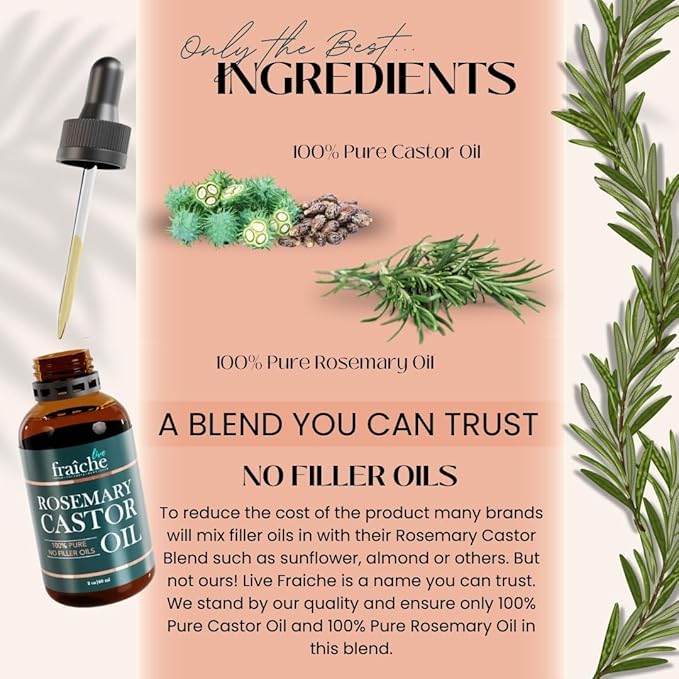 Live Fraiche Rosemary Oil for Hair Growth (2oz) with Cold Pressed Castor Oil Natural Hair Growth Oil - Rosemary and Growth for Hair Castor Oil -Strengthening Hair Oil for Damaged Hair and Hair Loss
