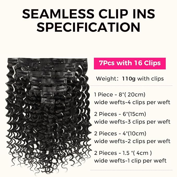 Lashey Clip in Hair Extensions 110g 7pcs Deep Wave Seamless Clip in Hair Extensions Human Hair 18 Inch Natual Black Thick Human Hair Clip ins Extensions for Women