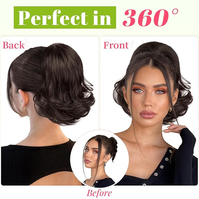KooKaStyle Ponytail Extension, 10" Short Claw Clip in Pony Tails Hair Extensions Curly Wavy Synthetic Drawstring Ponytail Hairpieces for Women Girls Dark Brown