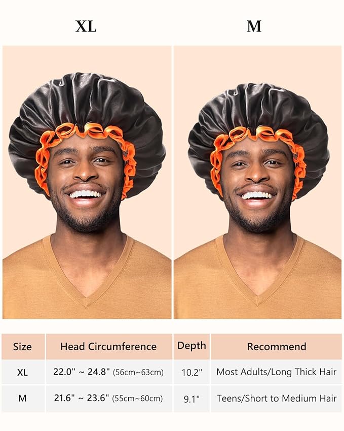 mikimini Extra Large Black Shower Caps Pack of 2 for Women and Men Thick Long Hair Braids, Reusable Waterproof Double Layers XL Bathing Hair Cap with Vibrant Orange Edge (Black)