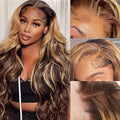 210% Density 13x6 Highlight Ombre Full Lace Frontal Wigs Human Hair 12A Body Wave Brazilian Human Hair Pre Plucked 4/27 Honey Blonde HD Glueless Transparent Lace with Baby Hair 26 Inch