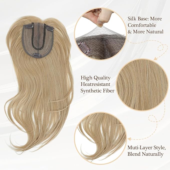 UDU Hair Toppers for Women for Thinning Hair Dark Blonde Highlights Synthetic Fiber Topper Pieces for Women Ladies Muti-layer Long Straight Wavy Clip in Wiglets with Fringe bangs