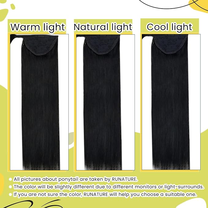 RUNATURE Ponytail Extension Human Hair for Black Women, Real Human Hair Ponytail with Magic Paste, Soft Straight Remy Hair, Daily Wearing, Easy to Apply, 12 Inch 70g #1 Jet Black