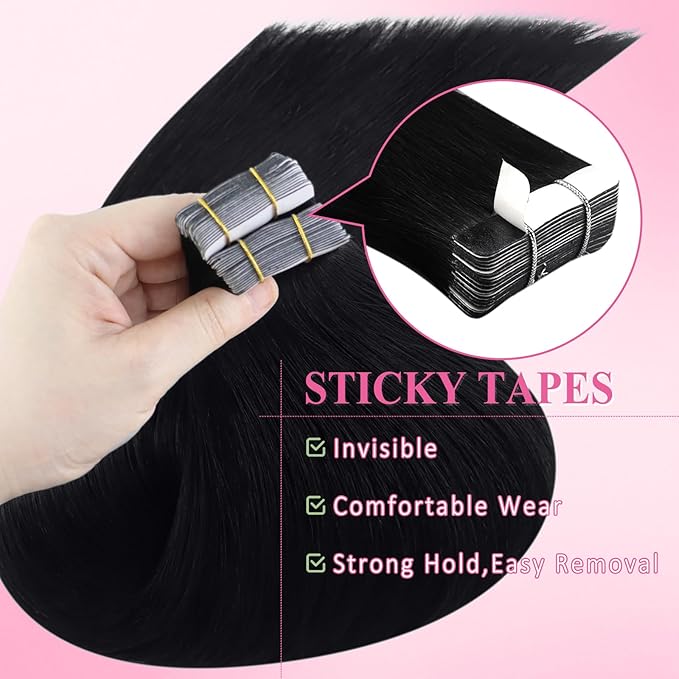 YoungSee 26 Inch Tape in Extensions Human Hair Black Human Hair Tape in Extensions 50g Jet Black Hair Extension Real Human Hair Tape-in 20pcs Long for Adding Hair Length