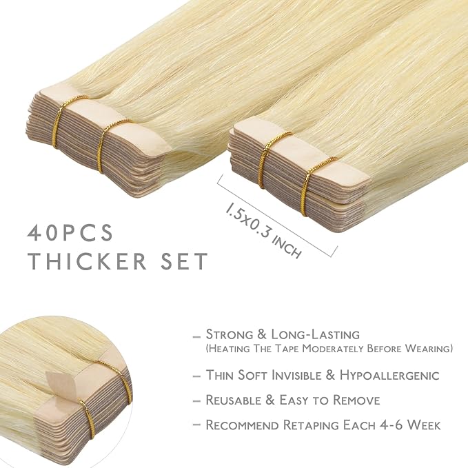Wennalife Tape in Hair Extensions Human Hair,40pcs 100g 16 inch Bleach Blonde Hair Extensions Real Human Hair Straight Tape in Extensions Invisible Human Hair Extensions Reusable Real Hair Extensions